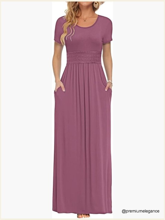 Dresses & Skirts - Summer Maxi Dress with Smocked Waist, Short Sleeves, and Pockets
